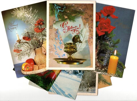 Подборка поздравительных Новогодних фотооткрыток — 8 штук— разные художники —чистые, без повторов, времен СССР