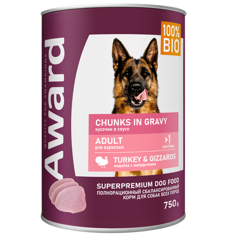AWARD консервы для взрослых собак кусочки с индейкой и желудочками в соусе 750г