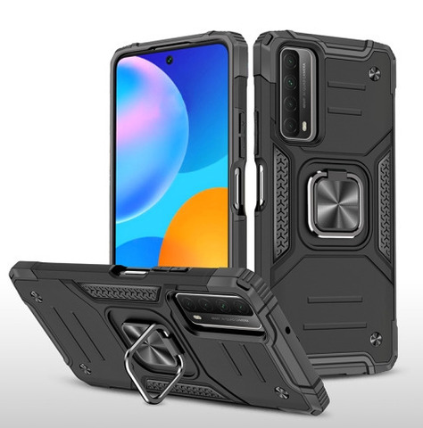 Противоударный чехол для Huawei P Smart 2021/ Huawei Y7a черный с пластиной для магнитного автодержателя и кольцом подставкой