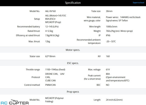 Набор ВМГ T-Motor A6-L (A6-L KV160, ESC 14S FOC 80A, MF2407P) для 5-10 литровых агродронов