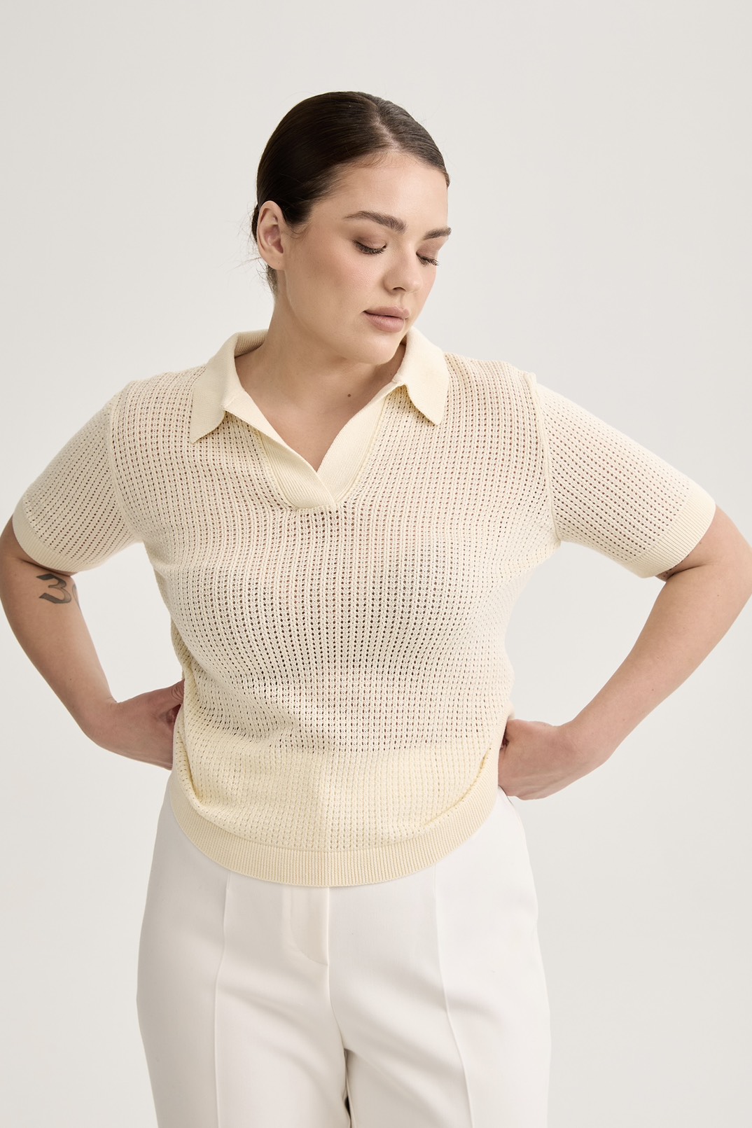 Поло вязаное ажурное, сливочный