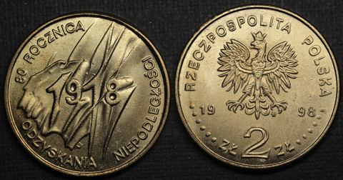 Жетон 2 злотых 1998 года Польша 80 лет независимости Польши 1918-1998 копия монеты Копия