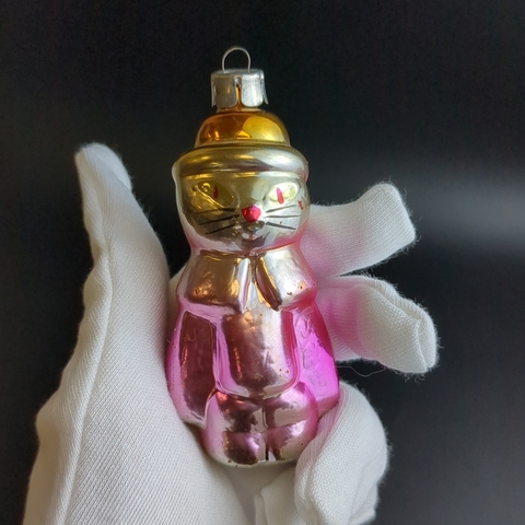 Ёлочная игрушка "Кот в сапогах" стекло, подвесная, ручная роспись, винтаж СССР 1960-1980 гг
