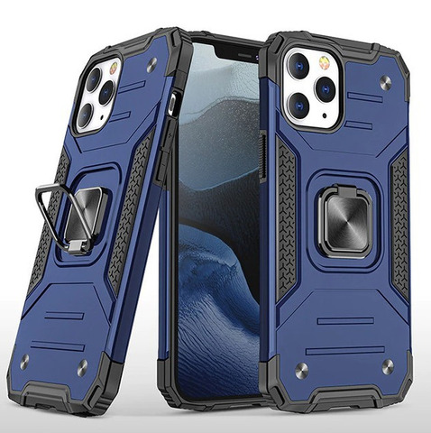 Противоударный чехол для iPhone 12 Pro Max синий с пластиной для магнитного автодержателя и кольцом подставкой