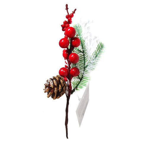 Ветка искусственная, Еловая с красными ягодами и шишкой, 20 см, 1 шт.