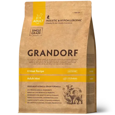 GRANDORF Adult Mini (4 Meat Recipe) PROBIOTIC для мелких пород, 4 вида мяса (чувствительное пищеварение, склонность к аллергии)