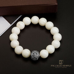 Браслет Православный. Белый нефрит с надцветом. 12мм