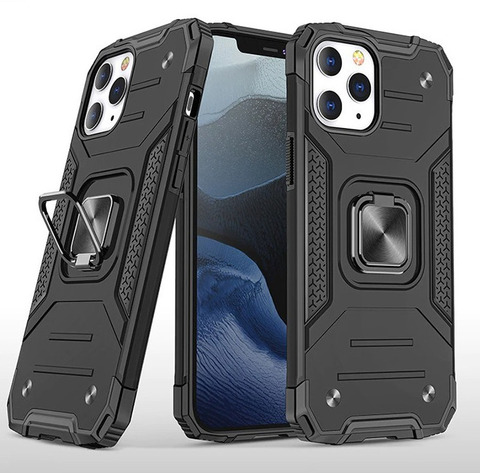 Противоударный чехол для iPhone 12 Pro Max черный с пластиной для магнитного автодержателя и кольцом подставкой