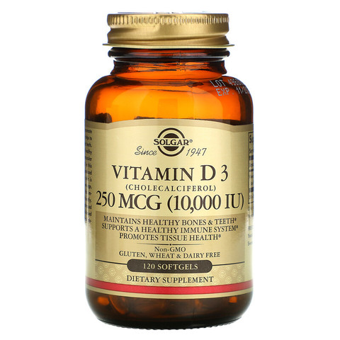 Solgar, витамин D3), 250 мкг (10 000 МЕ), 120 капсул (сод. желатин)