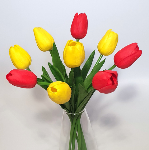 Тюльпаны реалистичные искусственные, МИКС 5 ЖЕЛТЫХ И 4 КРАСНЫХ, латексные (силиконовые), 34 см, набор 9 штук.
