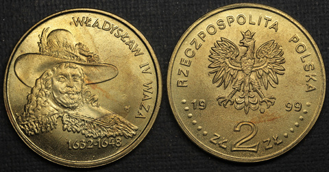 Жетон 2 злотых 1999 года Польша Польские Короли - Владислав IV Ваза (1632-1648) копия монеты Копия
