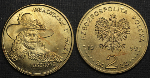 Жетон 2 злотых 1999 года Польша Польские Короли - Владислав IV Ваза (1632-1648) копия монеты Копия
