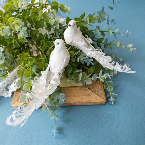 Птички белые, Голуби свадебные, на прищепке, кудрявые хвостики, 15 см, набор 2 шт.