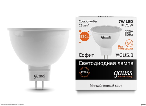 Лампа Светодиодная Gauss LED Elementary MR16 7W 3000K 1/10/100 (13517)