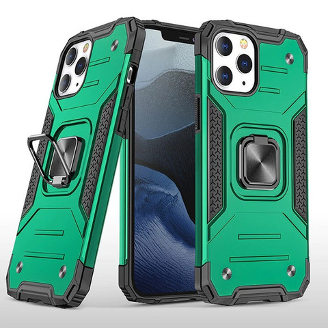 Противоударный чехол для iPhone 12 Pro Max зеленый с пластиной для магнитного автодержателя и кольцом подставкой