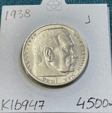 K16947 1938 Германия 5 марок рейхсмарок Гинденбург J геральдика Ag-900, 13.88 gr K16947 1938 Германия 5 марок рейхсмарок Гинденбург J геральдика Ag-900, 13.88 gr