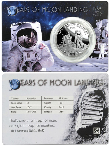 5 долларов. Высадка на луну Луноход Космос Космонавт. Барбадос. 2019 год. Серебро. PROOF