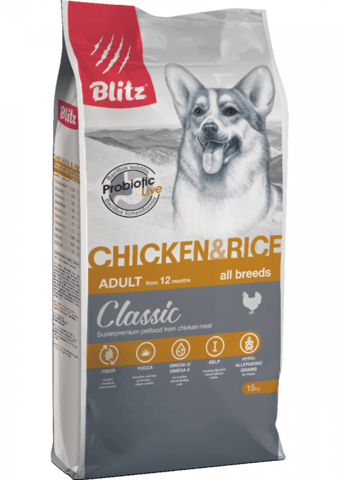 Blitz Classic Chicken & Rice собаки всех пород, сухой, курица рис (15 кг)