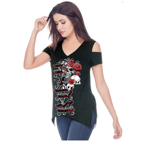 Rush Couture | Футболка женская SKULL &amp; ROSES SHORT SLEEVE OPEN SHOULDER Classic Black RC329 перед