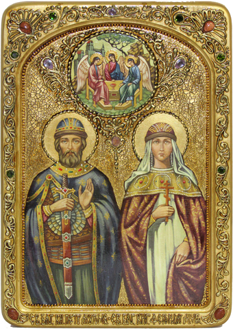 Инкрустированная живописная икона Петр и Февронья 42х29см на натуральном кипарисе в подарочной коробке