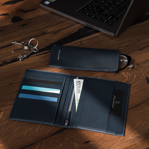 Кожаный кошелек мужской, теленок синего цвета