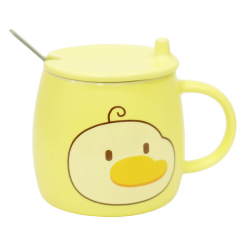 Керамическая кружка с крышкой и ложкой, желтый, 420 мл
