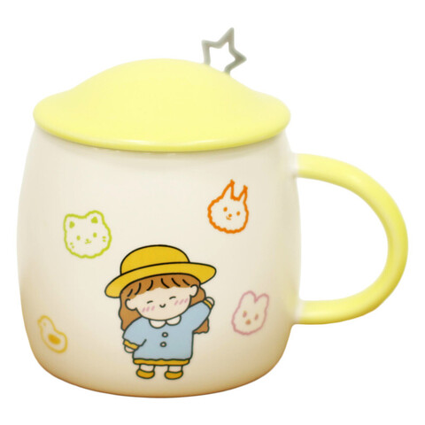 Керамическая кружка с крышкой и ложкой, бело-желтый, 420 мл