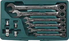 Jonnesway W45110S Набор ключей гаечных комбинированных трещоточных с аксессуарами в кейсе, 8-19 мм, 10 предметов 48879