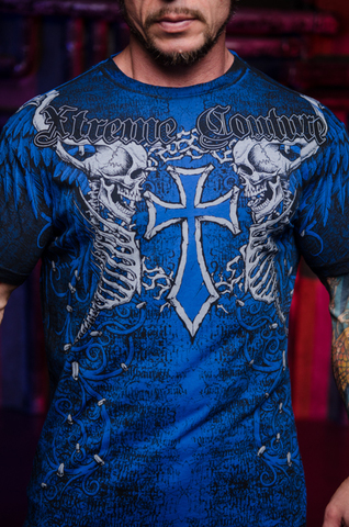 Xtreme Couture | Футболка мужская AFTERSHOCK Blue X1936I от Affliction принт спереди крест и скелеты