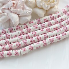 Бусина Бочонок, керамика, белая с розовой росписью, 10*8 мм, 1 шт, МК009