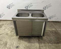 Мойка двухсекционная 1000х600х860 со шкафом купе из нержавеющей стали (основание профиль 4х4)