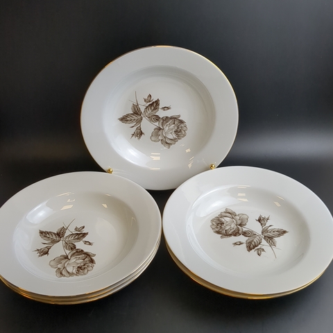 Тарелки суповые набор из 6 штук, фарфоровые из сервиза "Чёрная роза", деколь, золочение, клеймо Kahla, Кахла, ГДР, винтаж 1968-1987 гг