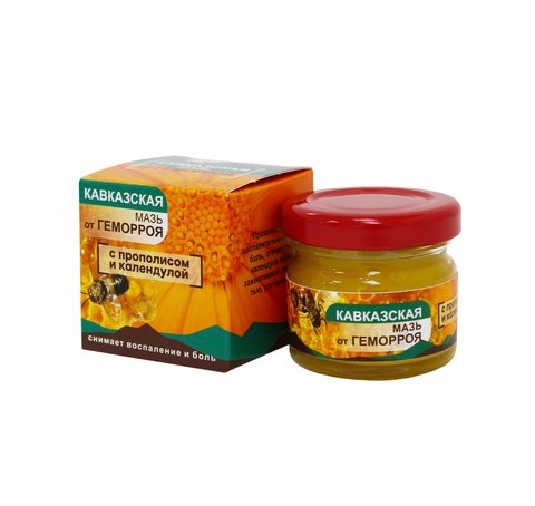 Мазь Кавказская от геморроя на основе календулы и прополиса."Бизорюк" Стекло 28 мл.