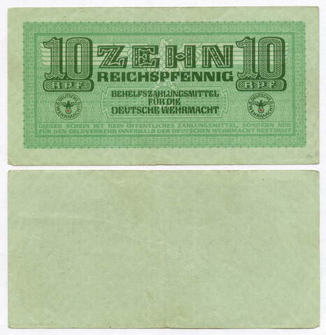 Банкнота Германия 3 рейх 10 пфеннигов 1942 год. Вермахт. VF