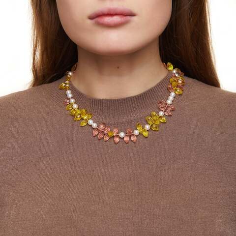Pink And Yellow Crystal Pearl Necklace