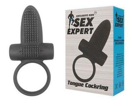 Чёрное эрекционное кольцо с вибрацией и язычком Sex Expert - Sex Expert Sex Expert SEM-55057