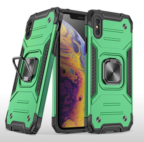 Противоударный чехол для iPhone X / XS зеленый с пластиной для магнитного автодержателя и кольцом подставкой