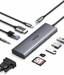 USB-хаб UGREEN CM498 15601 USB-C To 3*USB 3.0 A+HDMI+VGA+RJ45 Gigabit+SD/TF+AUX3.5mm+PD Converter, Gray