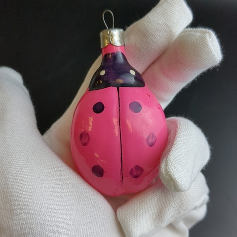 Ёлочная игрушка "Божья коровка", стекло, подвесная, яркая роспись, винтаж СССР 1950-1980 гг