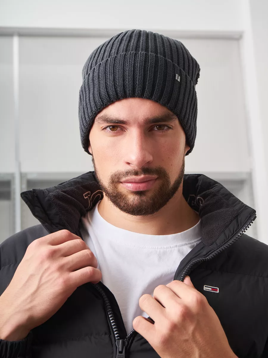 Шапка зимняя на флисе вязаная бини