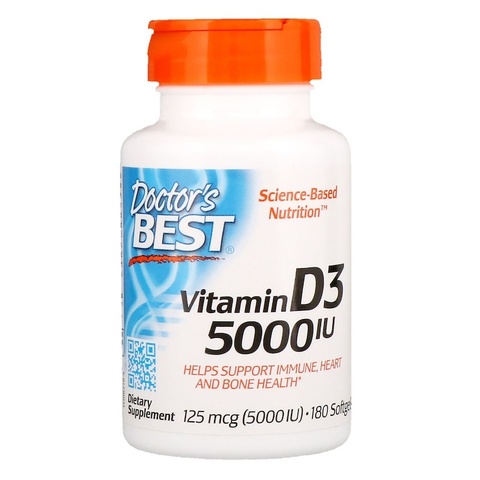 Doctor's Best, Витамин D3, 125 мкг (5000 МЕ), 180 мягких желатиновых капсул