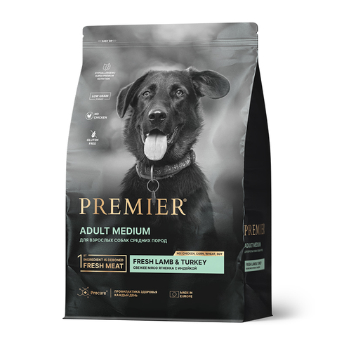 Корм Premier Dog Lamb & Turkey Adult Medium свежее мясо ягненка с индейкой, для собак сред пород,1кг