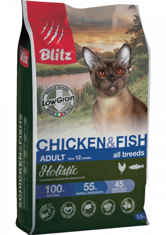 Blitz Holistic Chicken & Fish Cat (Low Grain), кошки, сухой, крица и рыба (1,5 кг)
