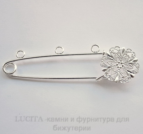 Основа для броши c филигранью и 3 петельками (цвет - серебро) 74х21 мм ()
