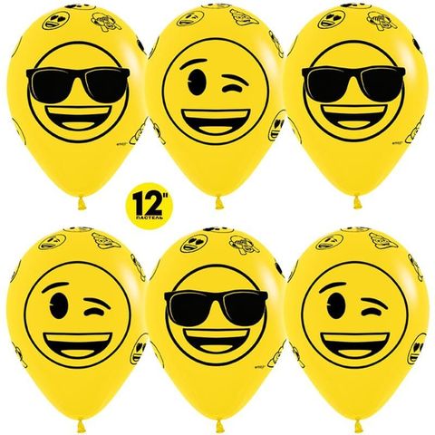 Шар (12''/30 см) Смайлы, Emoji (Крутые), Желтый (020), пастель, 5 ст.