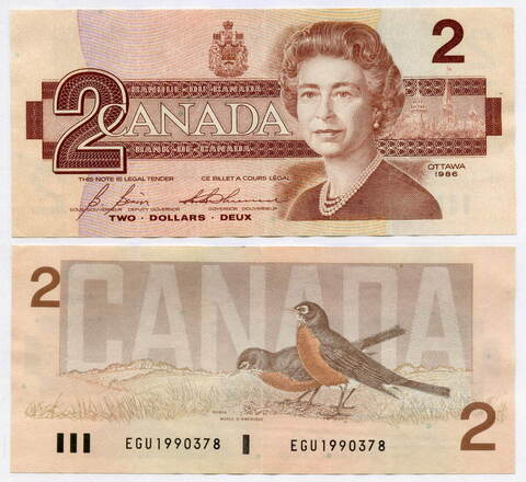Банкнота Канада 2 доллара 1986 год EGU1990378. VF-XF