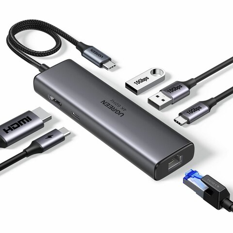 USB-хаб UGREEN CM512 (45000) USB-C to HDMI 2*USB 3.2 A 1*USB 3.2 C RJ45 PD серый