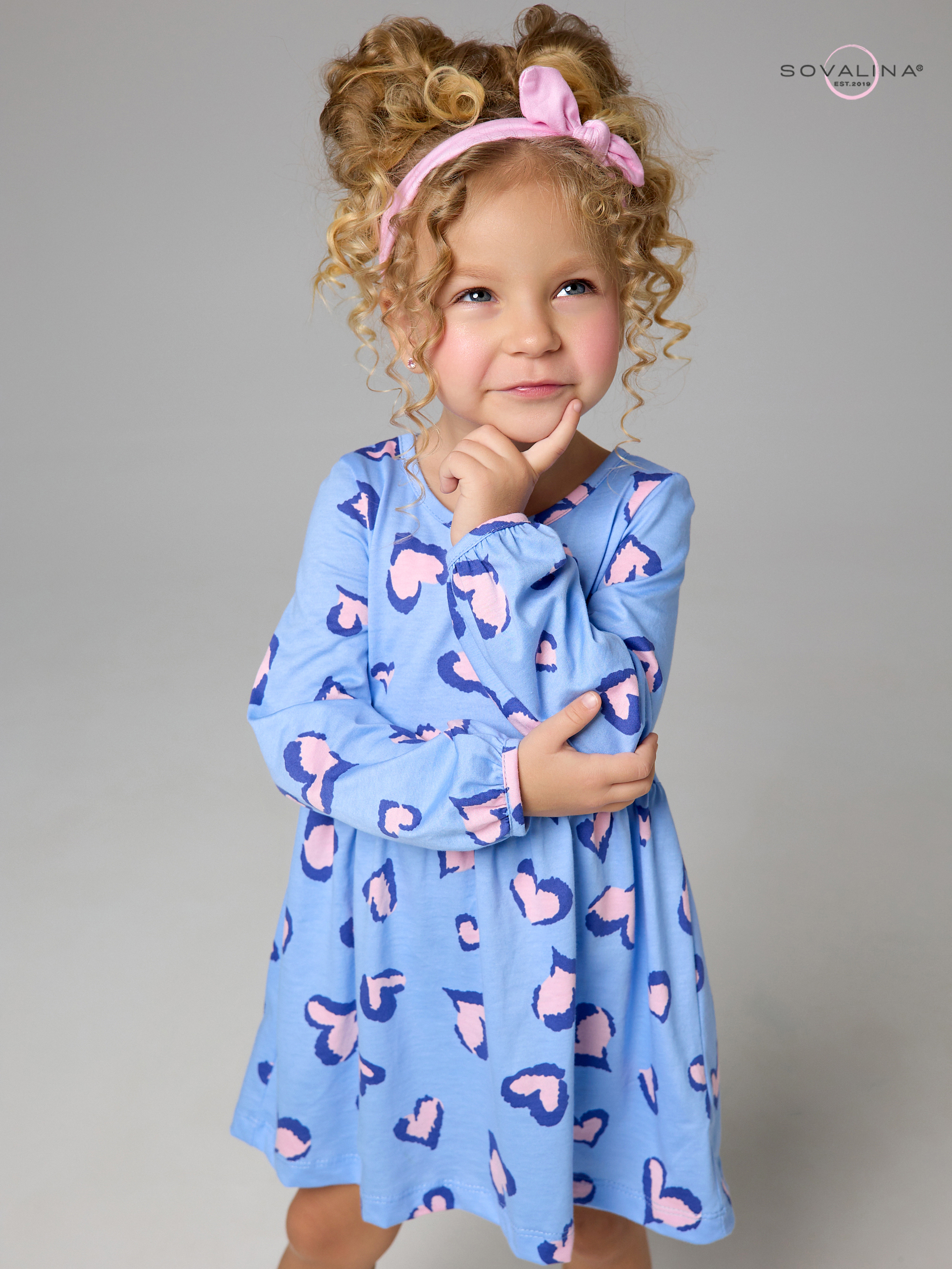 Платье Моана розовые сердечки на голубом