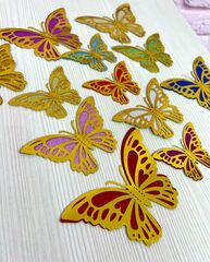 Наклейки Бабочки, Бумага вырубка, 3D, разноцветные/золото, 12 шт. / 8,5см*5см - 4шт., 10,5см*6,5см. - 4шт., 12,5см*7,5см - 4шт