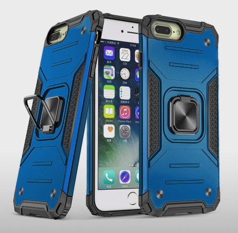 Противоударный чехол для iPhone 6 plus / 7 plus / 8 plus синий с пластиной для магнитного автодержателя и кольцом подставкой
